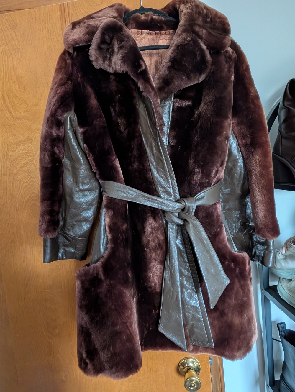 Women's Fur & Leather Belted Coat - Chocolate Brown